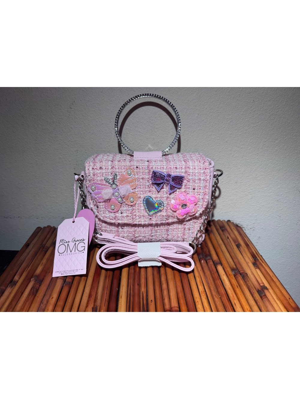 Miss Gwen’s OMG Accessories Pink Tweed Crossbody Purse NWT Rhinestone Ring Hand